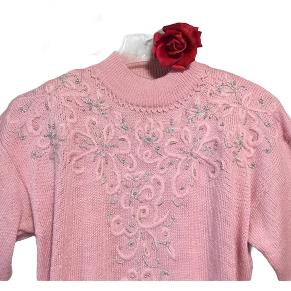 VTG Jaclyn Smith PINK SWEATER EMB SILVER & MOCK CREW TURTLENECK EMB EUC - Picture 1 of 9